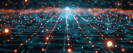 A sleek technology illustration with a square grid, crisscrossing lines, and illuminated dots, symbolizing the digital network's intricacy.の素材