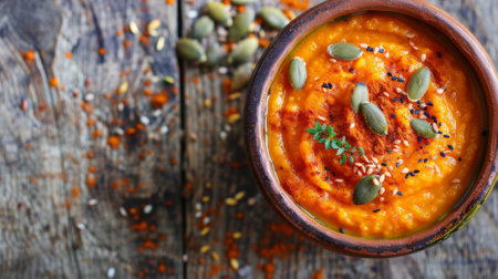 Butternut squash puree soup in a rustic ceramic bowl, garnished with roasted pumpkin seeds and a sprinkle of paprika, set on a weathered wooden surface.の素材
