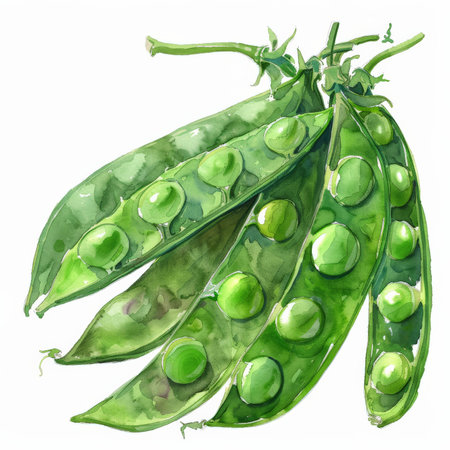 A watercolor painting of fresh snow peas, showing their detailed textures and vibrant green color, isolated on white background.の素材