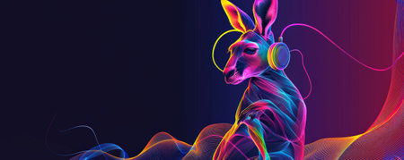 A funky kangaroo with neon headphones, bouncing to the beat. Illustrated in a lively, energetic style with bold colors and lines.の素材