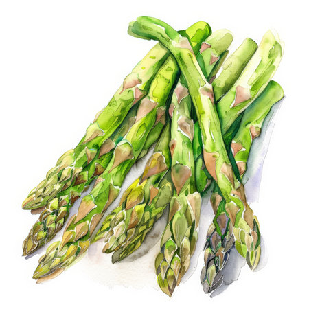 A watercolor illustration of fresh asparagus spears, showing their detailed textures and vibrant green color, isolated on white background.の素材