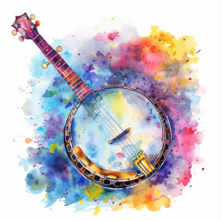 A colorful watercolor illustration of a banjo, with a harmonious blend of striking colors, isolated on white background.の素材
