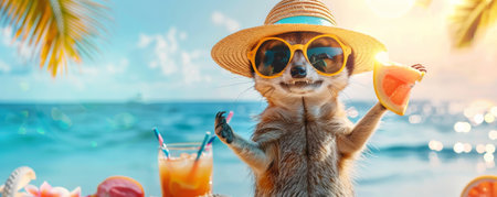 A cheerful meerkat standing on the beach, wearing a straw hat and sunglasses, with a tropical drink and a view of the sea.の素材