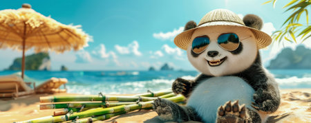 A smiling panda sitting on the beach, donning a straw hat and aviator sunglasses, with bamboo shoots and a sun umbrella nearby.の素材