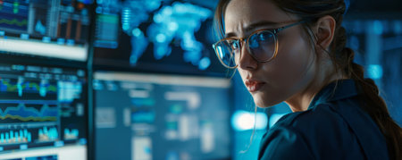 A proficient cybersecurity analyst, a German female, specializing in advanced threat detection and developing robust security protocols, focused on a high-tech workstation.の素材