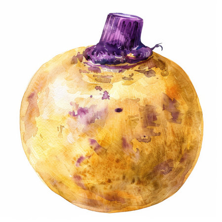 A watercolor painting of a whole rutabaga, showing its yellowish skin and purple top, isolated on white background.の素材