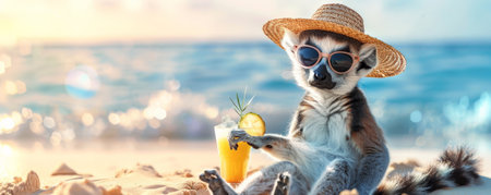 A happy lemur sitting on the beach, donning a straw hat and sunglasses, with a tropical drink and ocean waves nearby.の素材