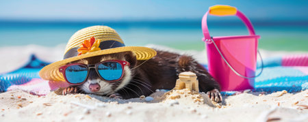 A contented ferret laying on a beach blanket, with a sun hat and oversized sunglasses, next to a sandcastle and a bucket.の素材