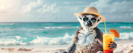 A happy lemur sitting on the beach, donning a straw hat and sunglasses, with a tropical drink and ocean waves nearby.の素材