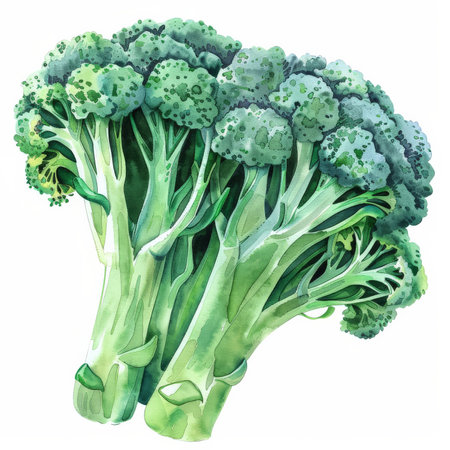 A watercolor illustration of a fresh bunch of broccoli, with detailed green florets and thick stalks, isolated on white background.の素材