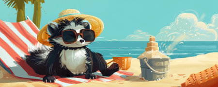 A chilled-out skunk lounging on a beach blanket, with a sun hat and oversized sunglasses, next to a sandcastle and a pail.の素材