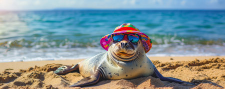A joyful seal reclining on the sandy beach, wearing a colorful sun hat and sunglasses, with a view of the sea in the background.の素材
