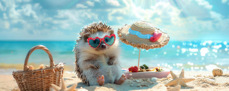 A cute hedgehog sitting on the beach, wearing a sun hat and heart-shaped sunglasses, with a small picnic setup beside it.の素材