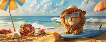 A laid-back lion relaxing on a sandy beach, with a stylish sun hat and sunglasses, next to a surfboard and beach toys.の素材