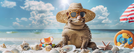 A relaxed armadillo sitting on the beach, donning a straw hat and stylish sunglasses, with beach toys and seashells nearby.の素材