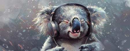 A chill koala with modern headphones, listening to soothing music. Illustrated in a soft, calming style with pastel colors.の素材