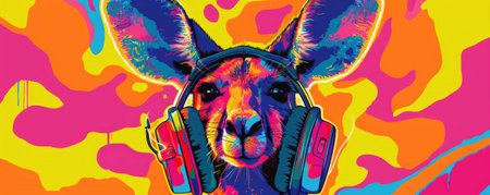 A funky kangaroo with neon headphones, bouncing to the beat. Illustrated in a lively, energetic style with bold colors and lines.の素材