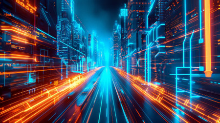A digital urban landscape with neon blue and orange lines outlining the architecture and roadways. The vibrant colors and glowing lines create a dynamic, futuristic scene.の素材