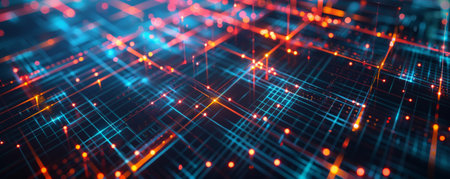 A sleek modern tech illustration featuring a square grid, crisscrossing lines, and illuminated dots, highlighting the intricacy of digital networks.の素材