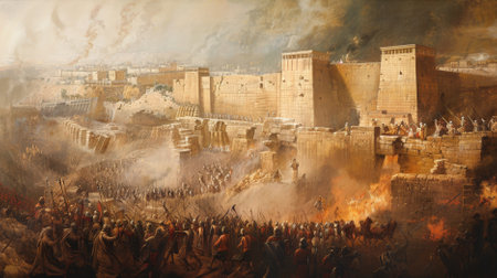 The fall of Jericho, with the walls crumbling and the Israelites advancing, trumpets blaring.の素材