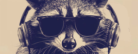 A hipster raccoon wearing trendy headphones, jamming to rock music. Drawn in a gritty, urban style with bold lines and dark tones.の素材