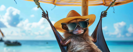 A relaxed bat hanging from a beach umbrella, sporting a sun hat and sunglasses, enjoying the beach scenery.の素材