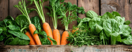 Freshly harvested carrots, spinach, and herbs displayed on old wooden planks. The deep greens of the vegetables enhance the rustic feel of the setting.の素材