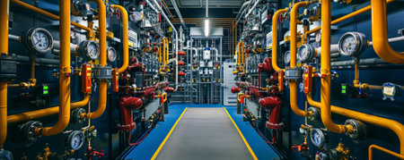 An industrial mechanical room filled with a dense array of pipes and valves, surrounded by control panels and gauges, showing the technical complexity.の素材