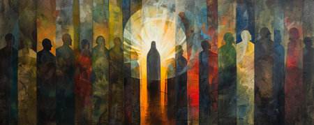 Modern interpretation of the Sermon on the Mount, with a central figure radiating light, surrounded by abstract, listening figures.の素材