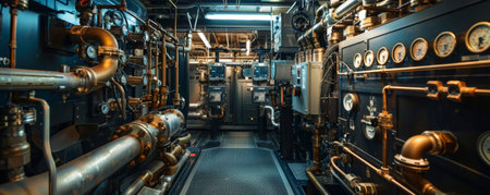 An industrial mechanical room filled with a dense array of pipes and valves, surrounded by control panels and gauges, showing the technical complexity.の素材