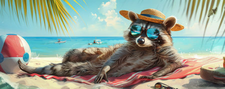 A relaxed raccoon laying on a beach blanket, sporting a sun hat and mirrored sunglasses, with a view of the sea and a beach ball beside it.の素材