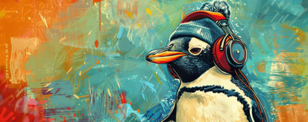 A cool penguin with headphones and a beanie, grooving to some hip-hop. Illustrated in an urban, street art style with a fun, lively background.の素材