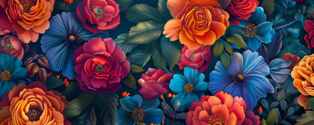 An exquisite luxurious floral background, featuring ornate flowers and leaves in a variety of vibrant hues, adding depth and richness.の素材