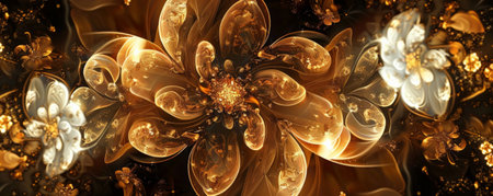 An exquisite floral background artwork, with ornate blossoms in rich colors, reflecting light to create a sense of luxury and elegance.の素材