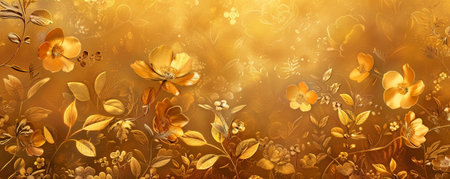 An exquisite artwork of a golden floral background, featuring intricate flowers and foliage, their gold tones adding depth and elegance.の素材