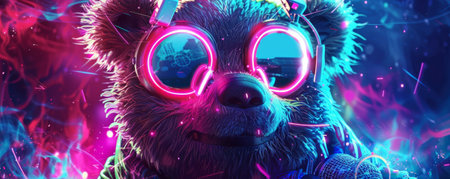 A funky bear with neon headphones, enjoying electronic music. Illustrated with vibrant colors and a dynamic, futuristic background.の素材