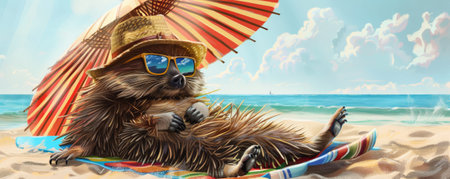 A laid-back porcupine reclining under a beach umbrella, with a sun hat and cool sunglasses, enjoying the warm weather.の素材