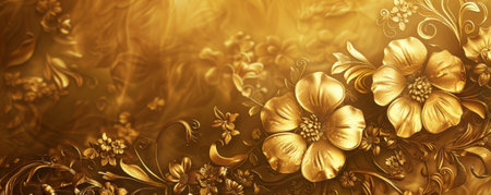 A magnificent golden floral background artwork, with ornate flowers and curling leaves, their gold tones adding depth and a touch of royalty.の素材
