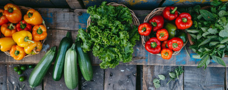 An array of fresh vegetables such as zucchinis, bell peppers, and leafy greens displayed on rough wooden planks. The bright hues of the vegetables create a striking contrast with the rustic background.の素材