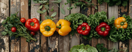 A variety of fresh vegetables including bell peppers, lettuce, and herbs laid out on aged wooden planks. The bright colors of the vegetables create a beautiful contrast with the natural wood.の素材