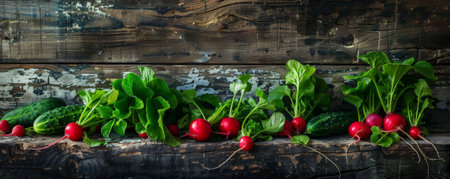 Freshly picked radishes, lettuce, and cucumbers arranged on aged wooden planks. The vibrant greens and reds of the vegetables stand out against the weathered wood.の素材