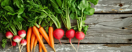 A bunch of fresh carrots, radishes, and leafy greens artfully arranged on rustic wooden planks. The vegetables' vibrant colors contrast beautifully with the weathered wood.の素材