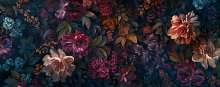 A luxurious floral background, featuring ornate flowers and leaves in a variety of rich hues, creating an elegant and rich texture.の素材