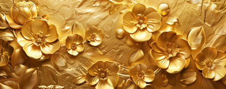 A refined artwork of a golden floral background, where detailed flowers and leaves are embossed in a luxurious gold, creating a sophisticated and rich texture.の素材
