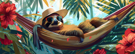 A serene sloth lounging on a hammock, wearing a sun hat and cool sunglasses, surrounded by palm trees and tropical flowers.の素材