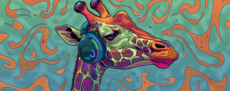 A hip giraffe wearing rainbow-colored headphones, lost in the music. Illustrated in a whimsical style with swirling patterns.の素材