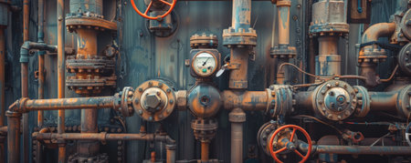 Close-up of a mechanical room filled with pipes and valves, with control panels and gauges adding to the industrial atmosphere.の素材