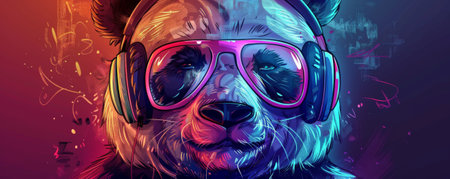 A funky panda with neon headphones, enjoying music with a blissful expression. Drawn with bold lines and a colorful background.の素材