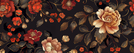 A sophisticated floral background, featuring ornate blossoms and curling vines in a mix of colors, adding a touch of luxury.の素材