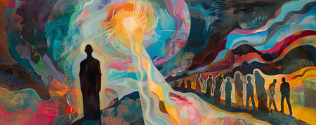 Modern interpretation of the Sermon on the Mount, with a central figure radiating light, surrounded by abstract, listening figures.の素材